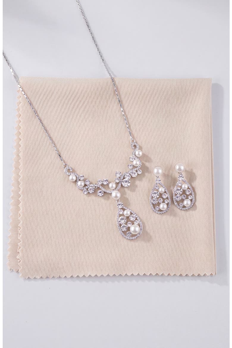 Pearl and Crystal Teardrop Necklace and Earrings Set, Alternate, color, Silver