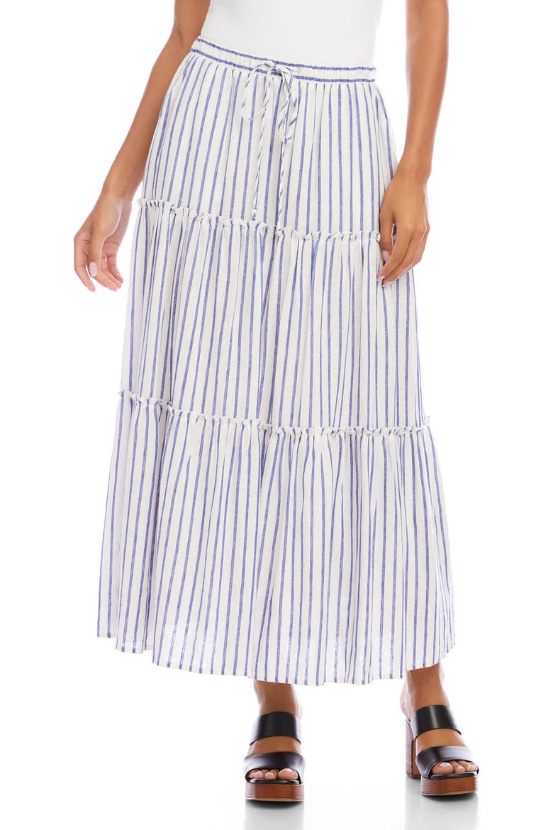Tiered Stripe Midi Skirt, Main, color, BLUE/ WHITE