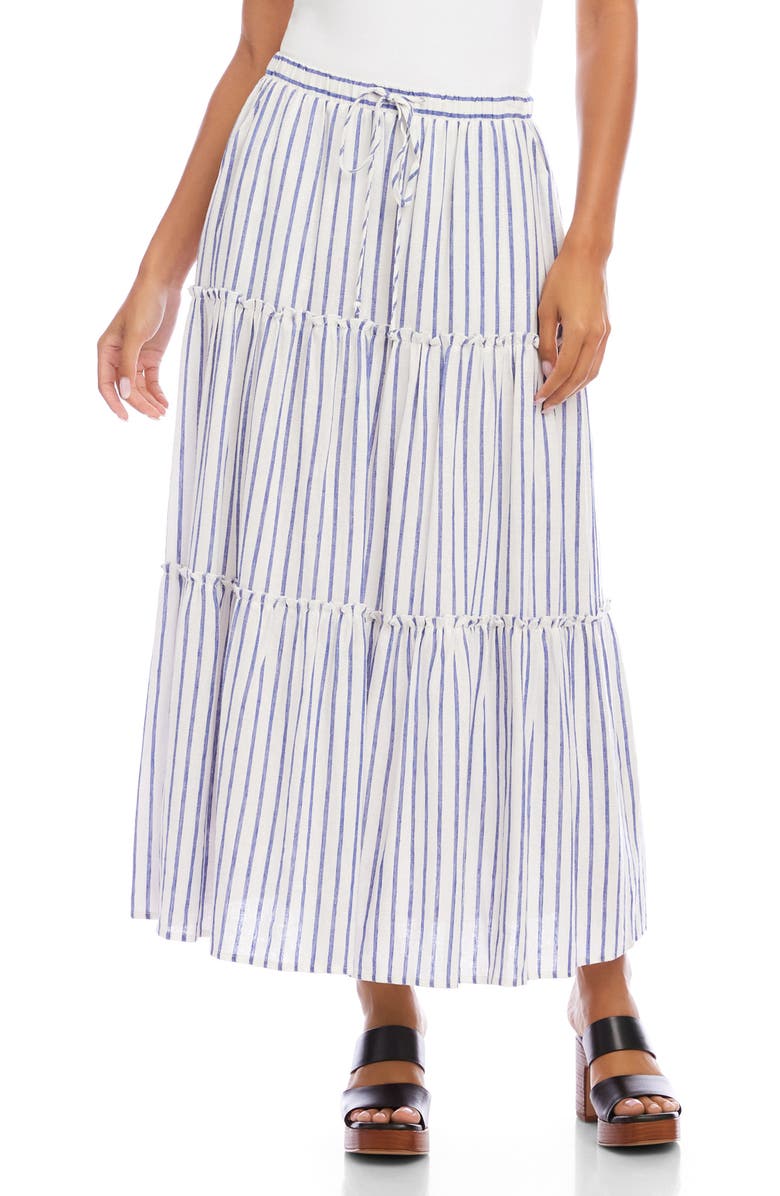 Karen Kane Tiered Stripe Midi Skirt, Main, color, Blue/White