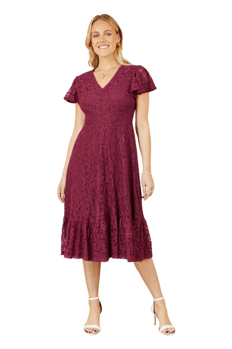 Short Sleeve Lace Midi Skater Dress, Main, color, Burgundy