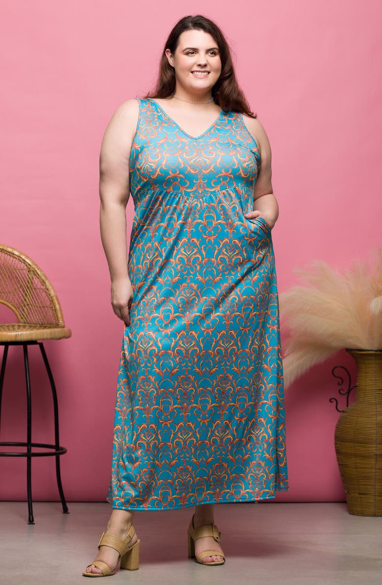 24seven Comfort Apparel Scroll Print Knit Maxi Dress, Alternate, color, Blue Multi