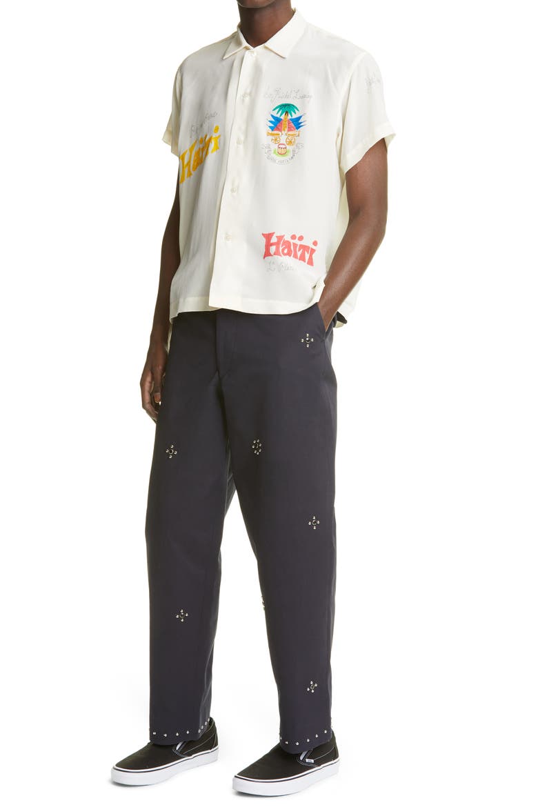 x Marcus Paul Haiti Hand Painted Short Sleeve Silk Button-Up Shirt (Nordstrom Exclusive), Alternate, color, ECRU