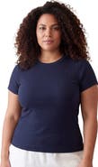 24seven Comfort Apparel Curvy Basic Ribbed Knit Round Neck Short Sleeve Top
