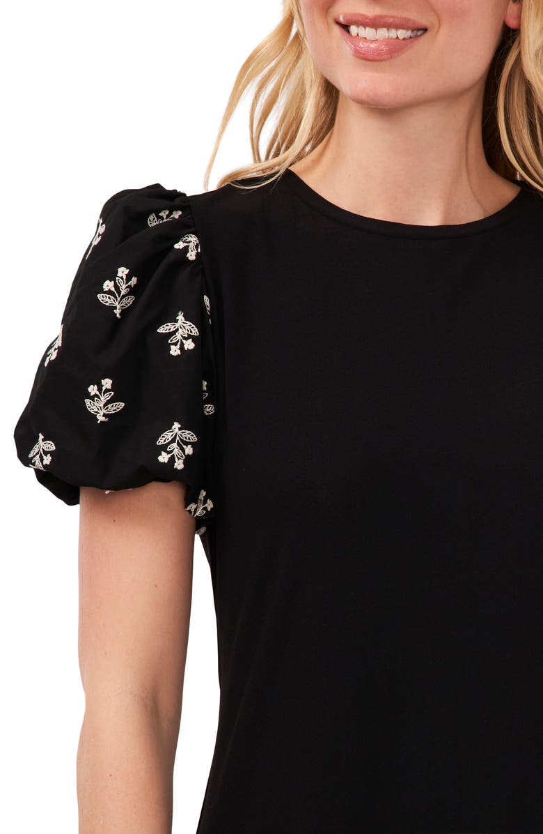 CeCe Floral Embroidered Puff Sleeve Dress, Alternate, color, Rich Black