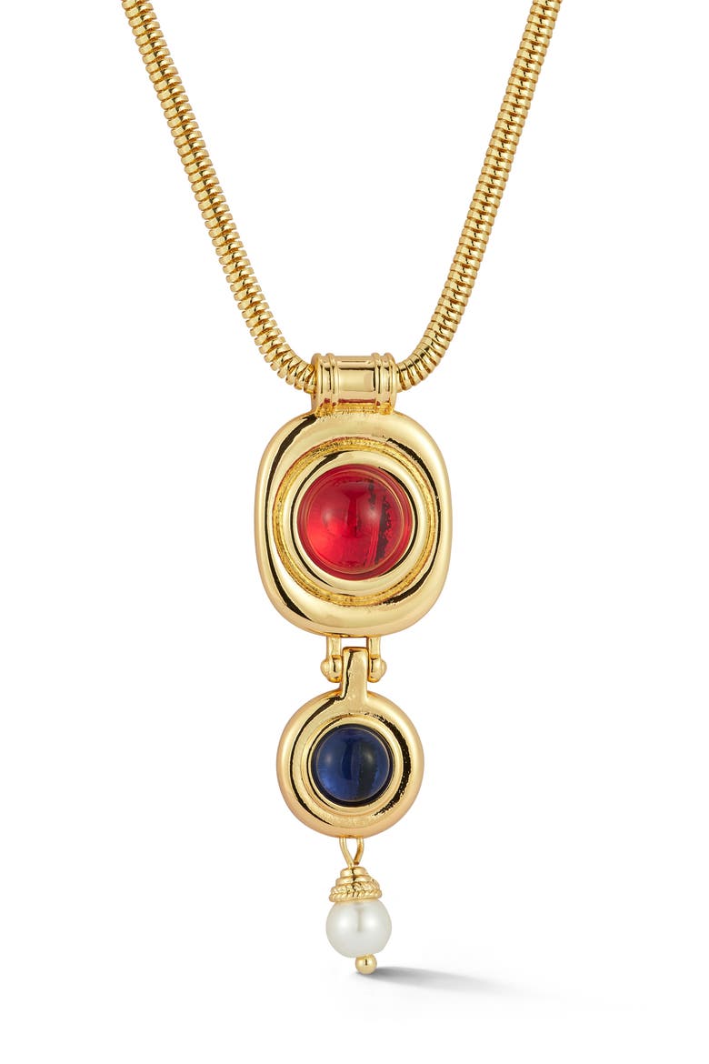 18K Gold Plated Faux Pearl Bejeweled Pendant Necklace, Main, color, GOLD