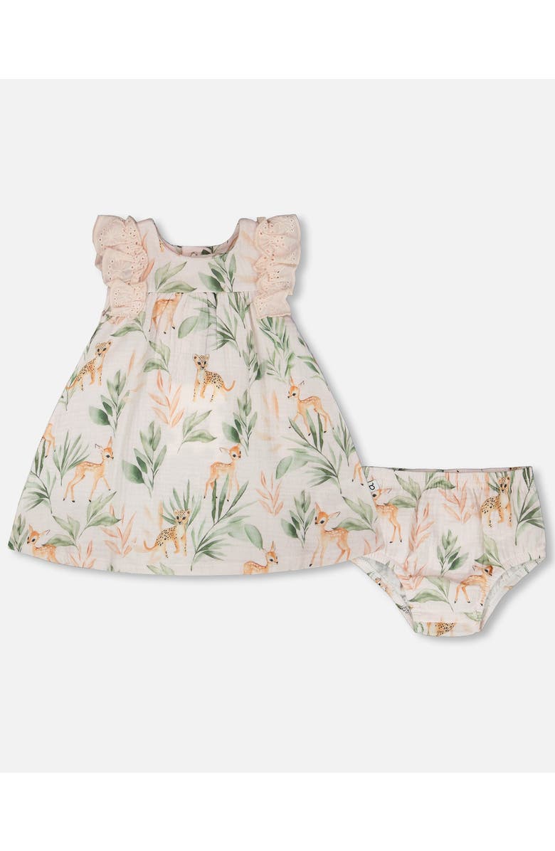 Deux par Deux Muslin Dress and Bloomer Deer Printed Set, Main, color, Peach Deer Print