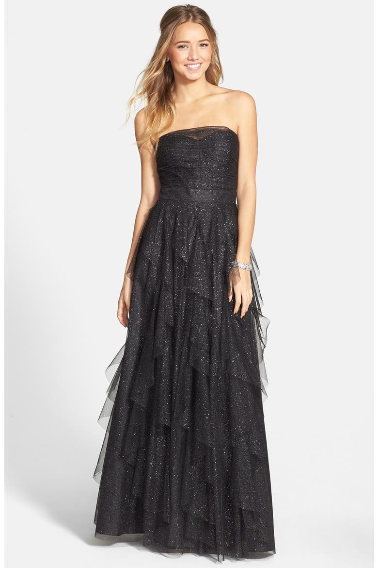 Glitter Mesh Strapless Ballgown, Main, color, BLACK