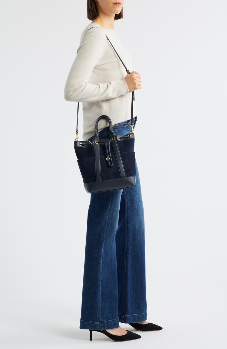 Veronica Beard Goody Suede & Leather Bucket Bag, Alternate, color, Navy