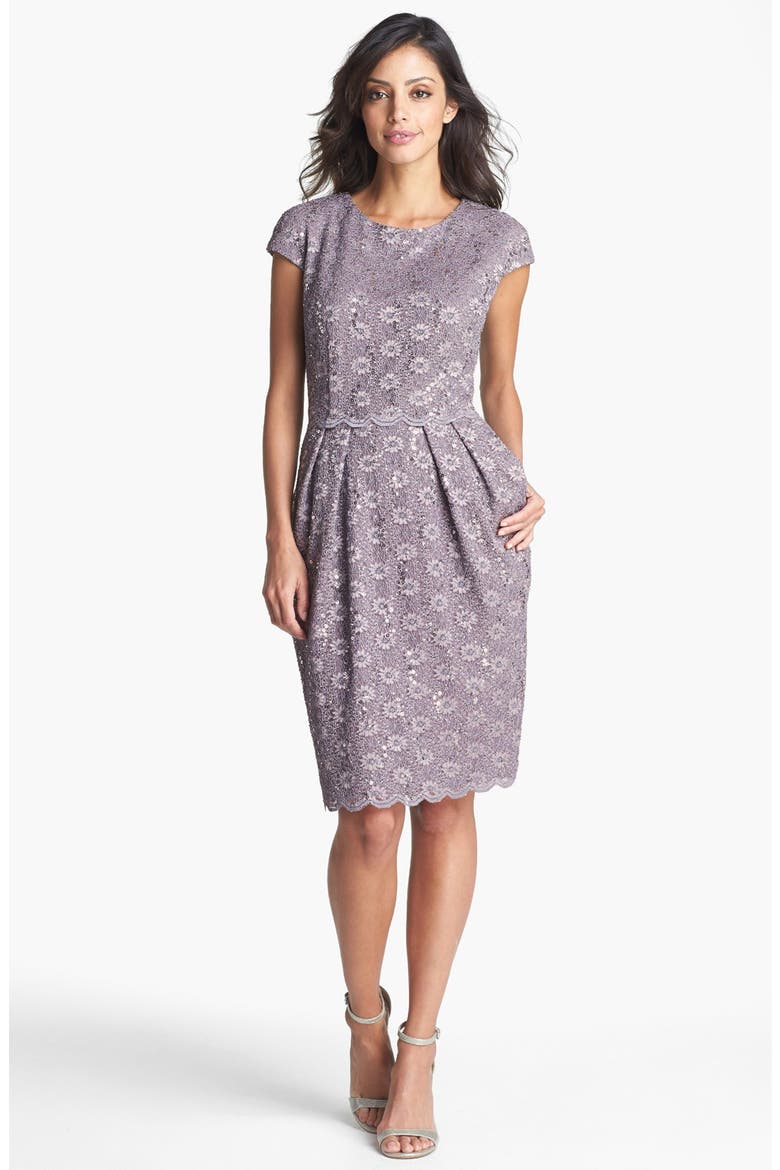 Sequin Lace Overlay Sheath Dress, Main, color, PEWTER FROST