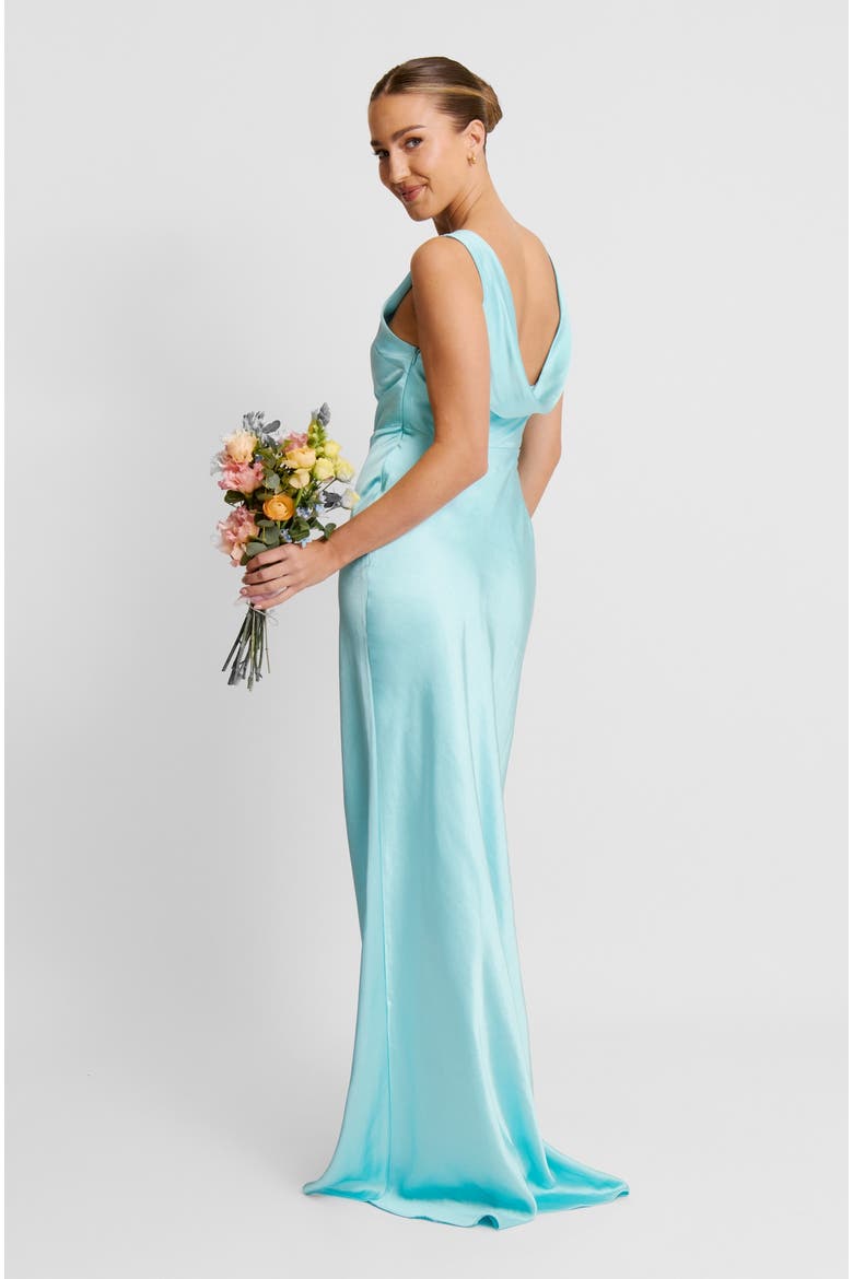 Cowl Back Satin Bridesmaid Dress, Alternate, color, Turquoise