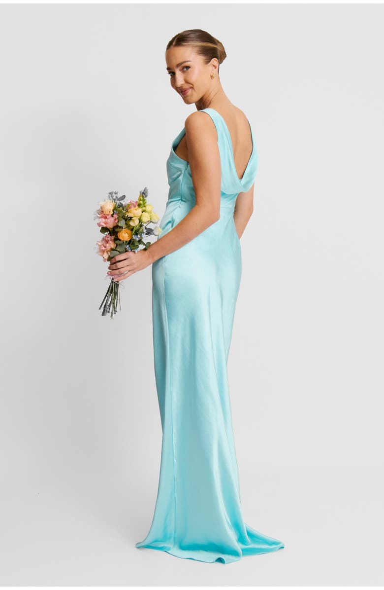 Six Stories Cowl Back Satin Bridesmaid Dress, Alternate, color, Turquoise