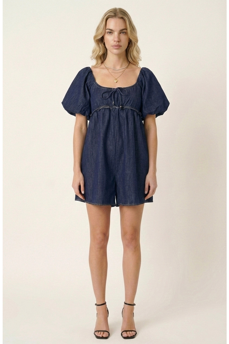 Puff-Sleeve Romper with Tie Front, Main, color, Dark Blue