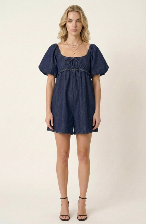 Puff-Sleeve Romper with Tie Front