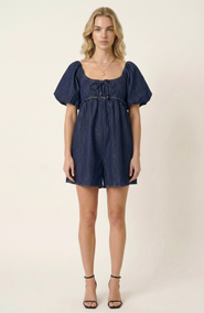 Modenaire Puff-Sleeve Romper with Tie Front