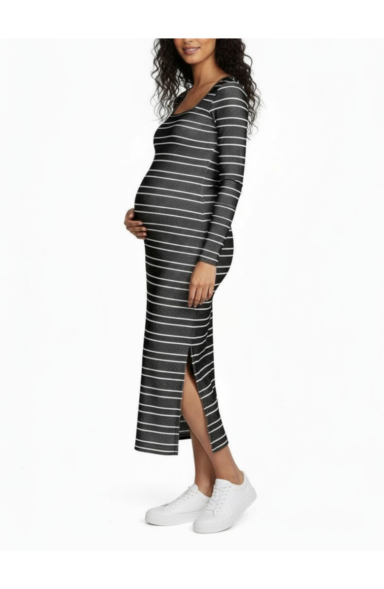 MOTHERHOOD MATERNITY Square Neck Rib Knit Long Sleeve Bodycon Maxi Dress, Alternate, color, Black & White Stripes