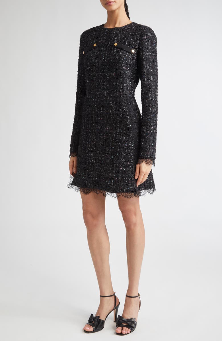 Giambattista Valli Lace Trim Long Sleeve Tweed Minidress, Main, color, Black