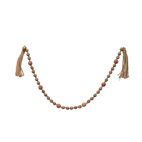 Paulownia Wood Bead Garland with Jingle Bells and Jute Tassels, Multicolor
