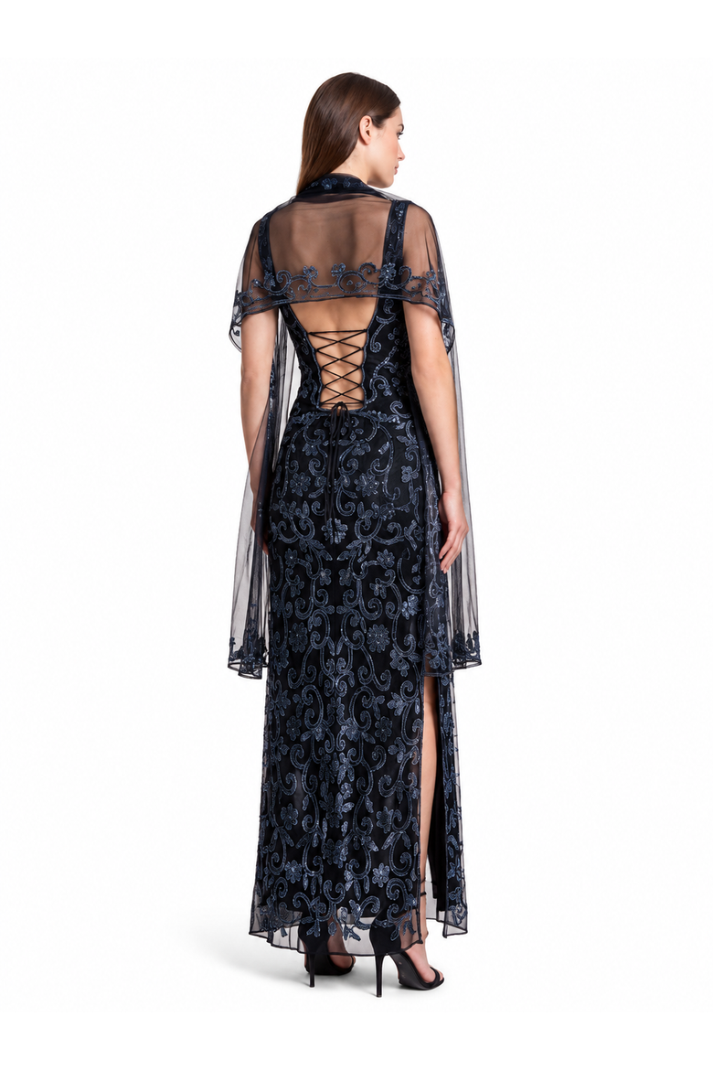 Strapless Beaded Gown with Scarf, Alternate, color, Black