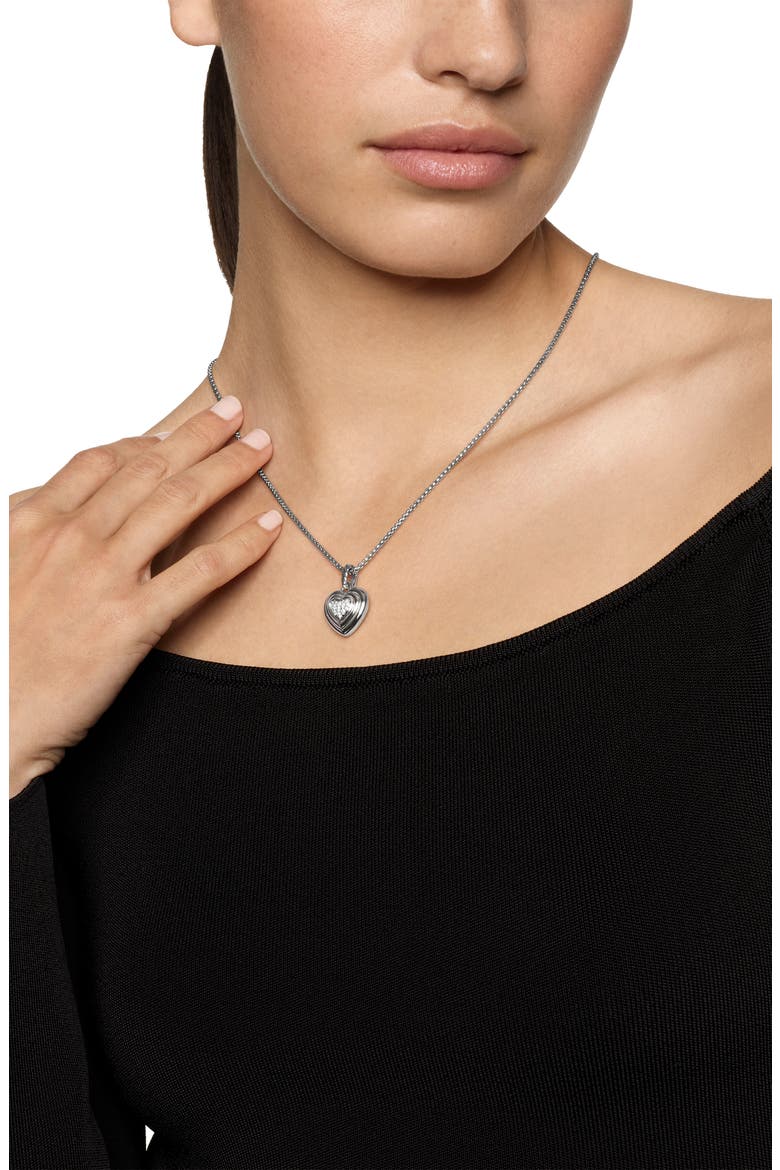 Puffy Heart Amulet in Sterling Silver with Diamonds, 17mm, Alternate, color, STERLING SILVER