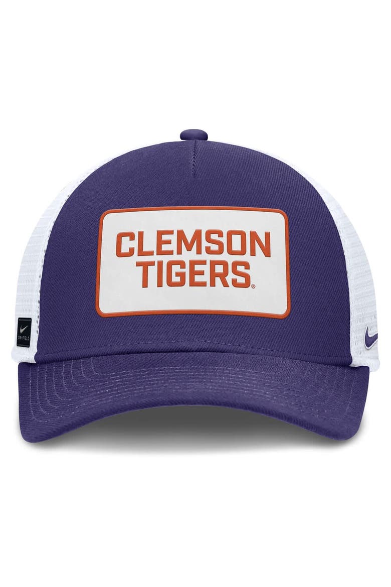 Men's Nike Purple/White Clemson Tigers 2025 On-Field Rise Patch Trucker Adjustable Hat, Alternate, color, Purple