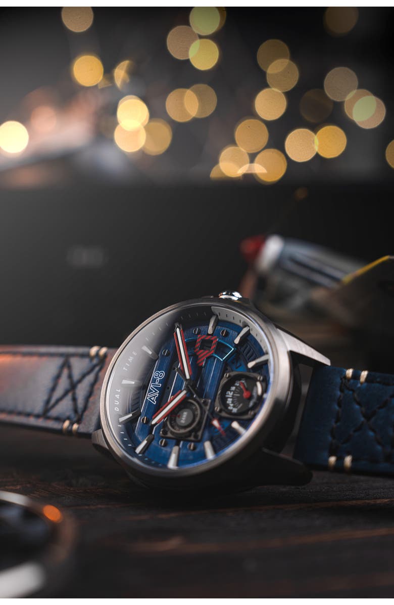 AVI-8 Hawker Harrier Farley Leather Strap Watch, 44mm, Alternate, color, Blue