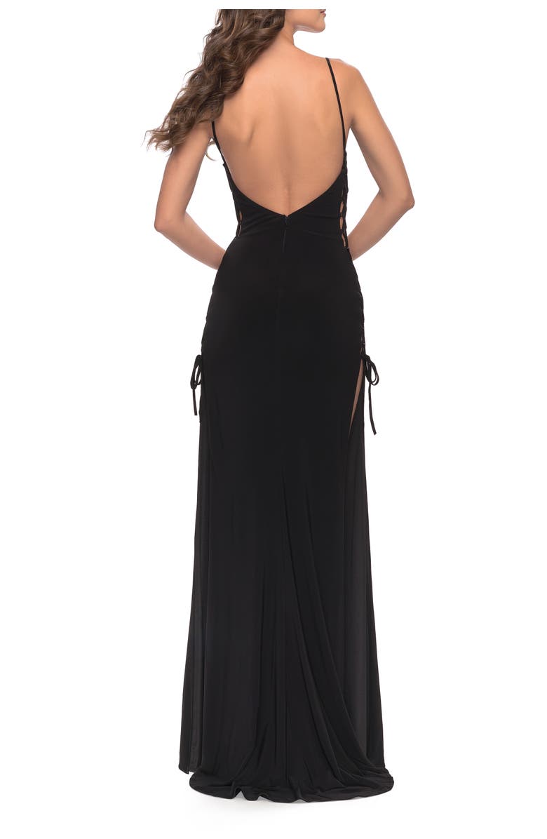 La Femme Matte Jersey Dress Featuring Open Lace Up Sides, Alternate, color, Black