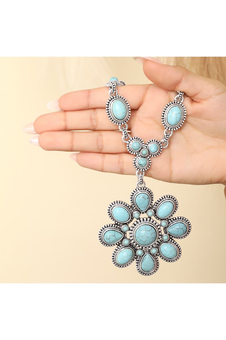 Women's Large Turquoise Stone Flower Necklace in Silver or Gold Tone, Alternate, color, Gold, silver, turquoise