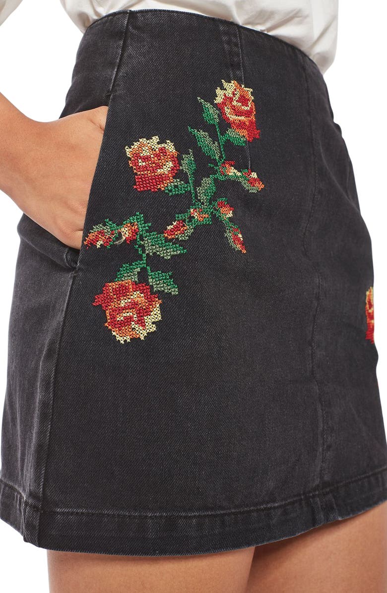 Topshop Moto Embroidered Denim Miniskirt, Alternate, color, 