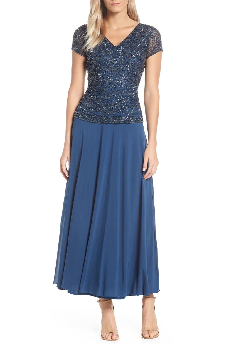 Beaded V-Neck Mock Two-Piece Gown, Main, color, PETROL