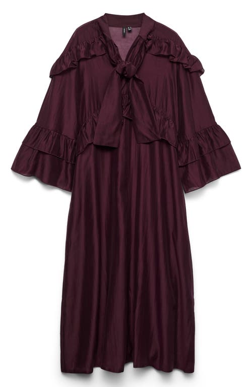 Vero Moda Jenna Ruffle Detail Long Sleeve Dress In Burgundy