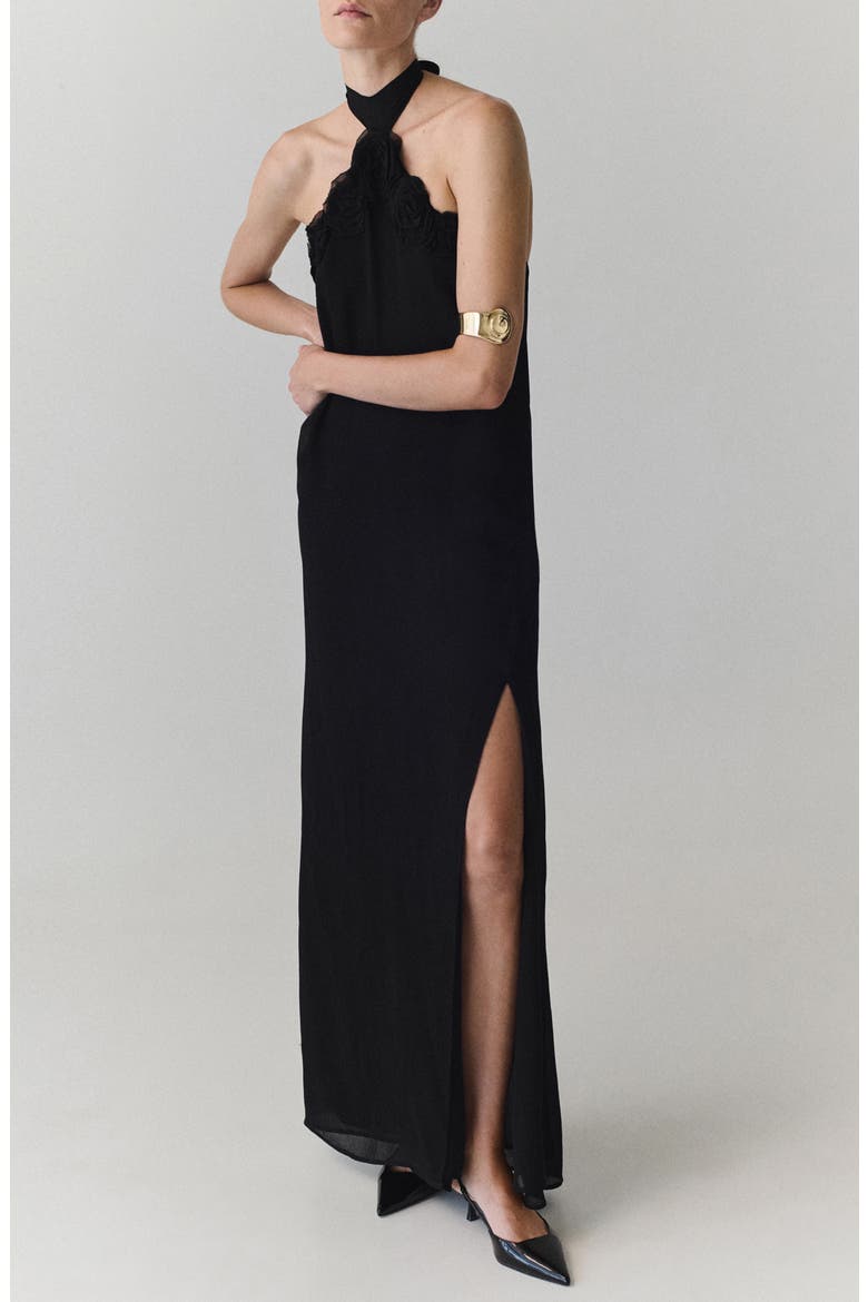 Halter Neck Maxi Dress with Floral Detail, Main, color, BLACK
