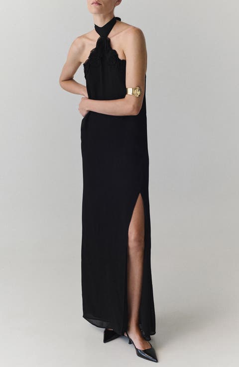 Halter Neck Maxi Dress with Floral Detail
