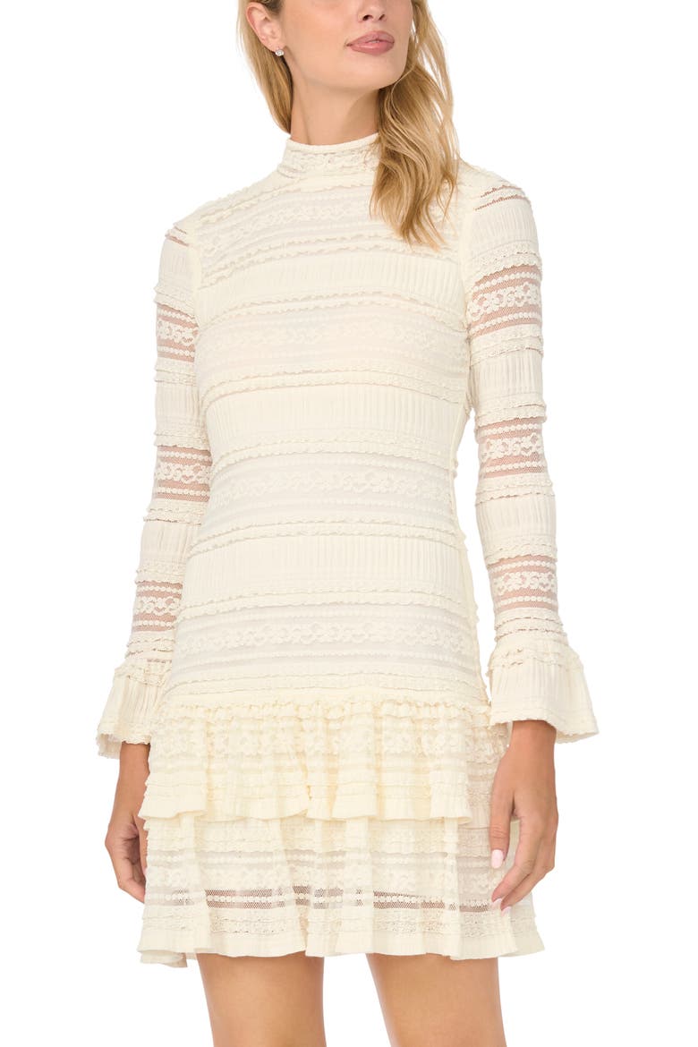Lace Ruffle Hem Mock Neck Minidress, Alternate, color, NEW IVORY