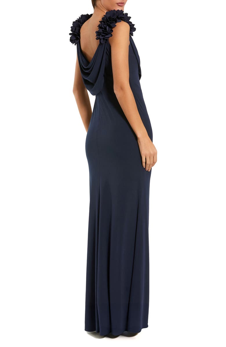 Mac Duggal Jersey Cowl Neck Gown With 3D Flower Straps, Alternate, color, Midnight