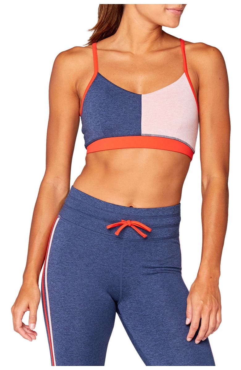 Threads 4 Thought Fran Colorblock Sports Bra, Alternate, color, Heather Chambray / Chenille