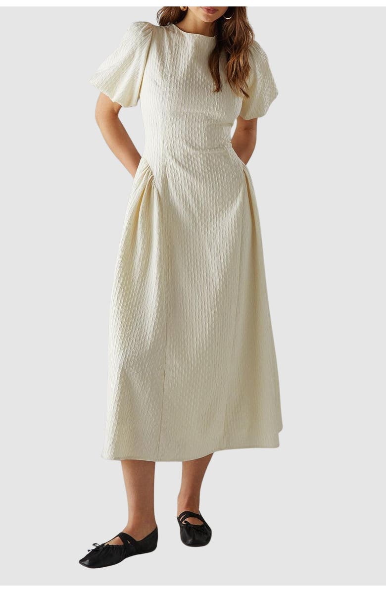 Warehouse Seersucker Puff Sleeve Midi Dress | Nordstrom