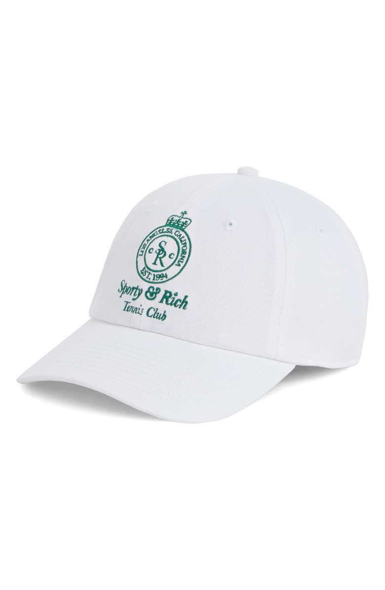 Sporty & Rich Crown Embroidered Cotton Twill Baseball Cap, Main, color, White