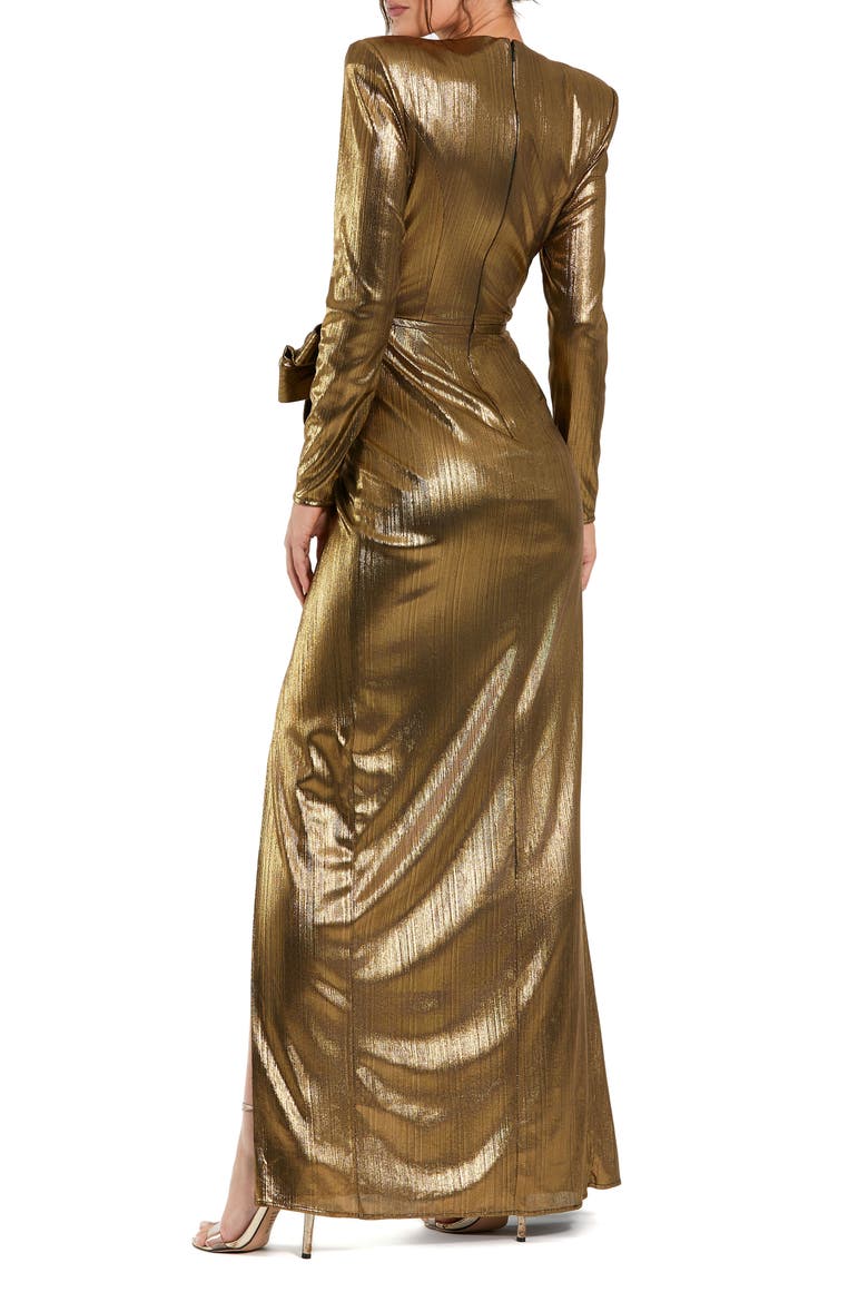 Petite Metallic Long Sleeve Bow Detail Gown, Alternate, color, Antique Gold