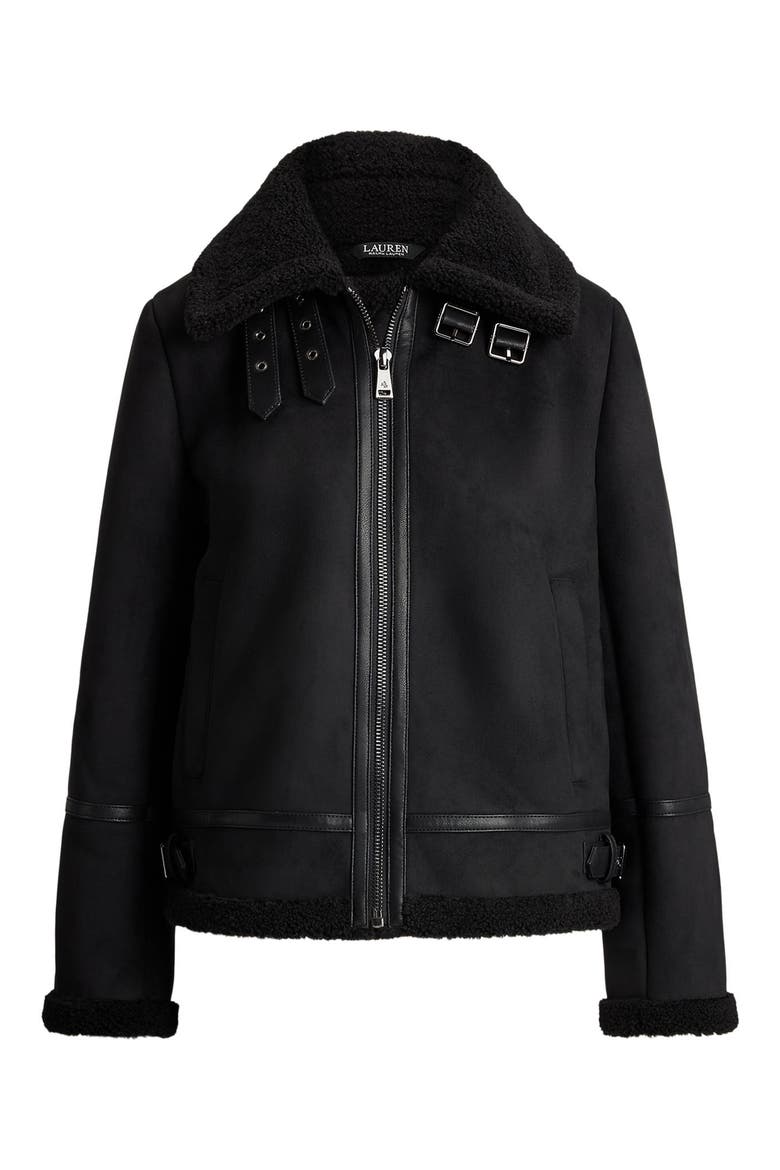 Faux Fur Trim Zip Front Jacket, Alternate, color, BLACK