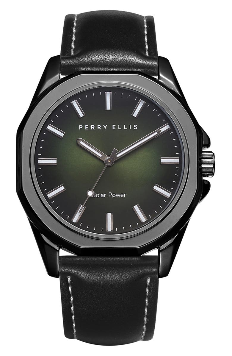 Perry Ellis Solar Powered 3-Hand Quartz Leather Strap Watch, 41mm, Main, color, Gunmetal