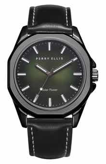 Perry Ellis Solar Powered 3-Hand Quartz Leather Strap Watch, 41mm