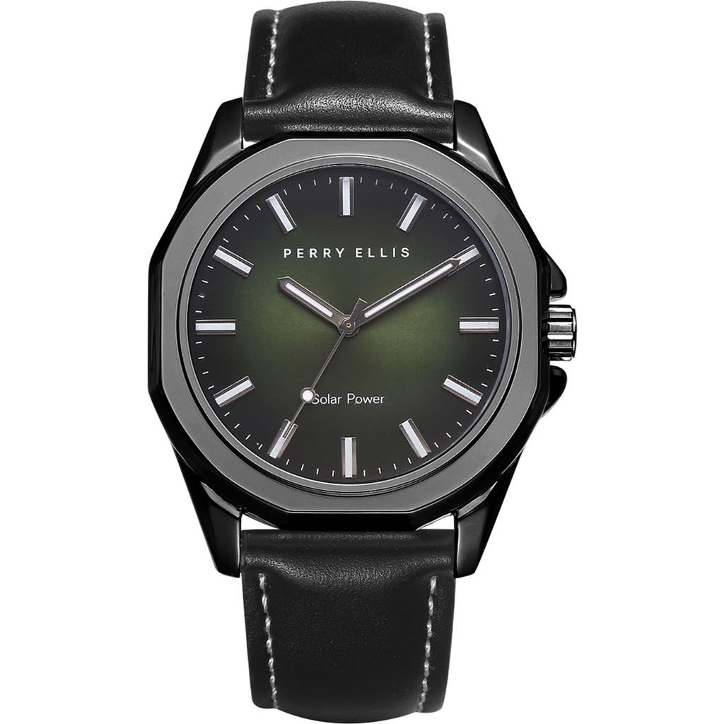 Perry Ellis Solar Powered 3-hand Quartz Leather Strap Watch, 41mm