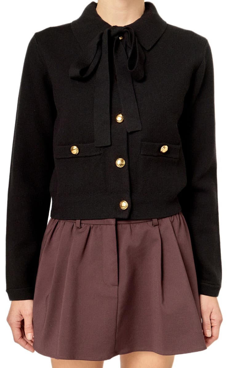 English Factory Detachable Bow Cardigan, Alternate, color, Black