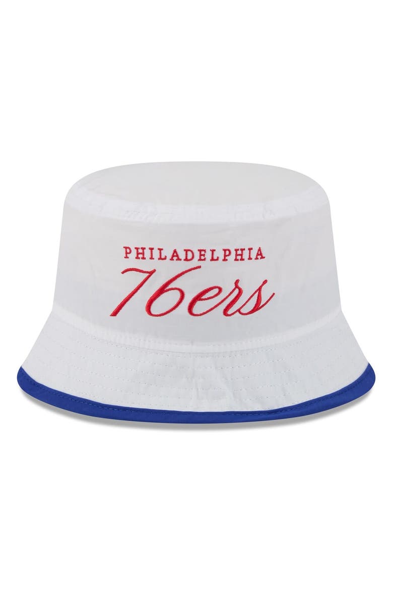 Men's New Era White/Royal Philadelphia 76ers 2025 NBA Draft Nylon Bucket Hat, Alternate, color, White
