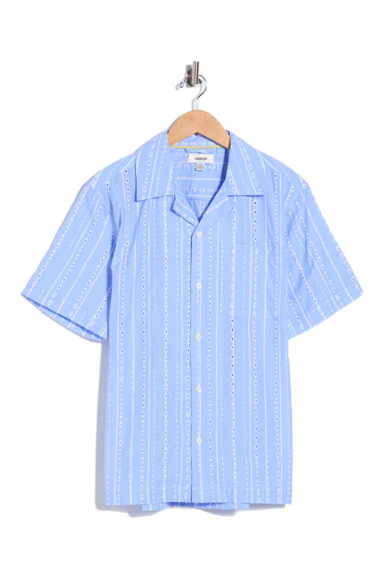 Embroidered Striped Relaxed Fit Camp Shirt, Main, color, BLUE/ WHITE