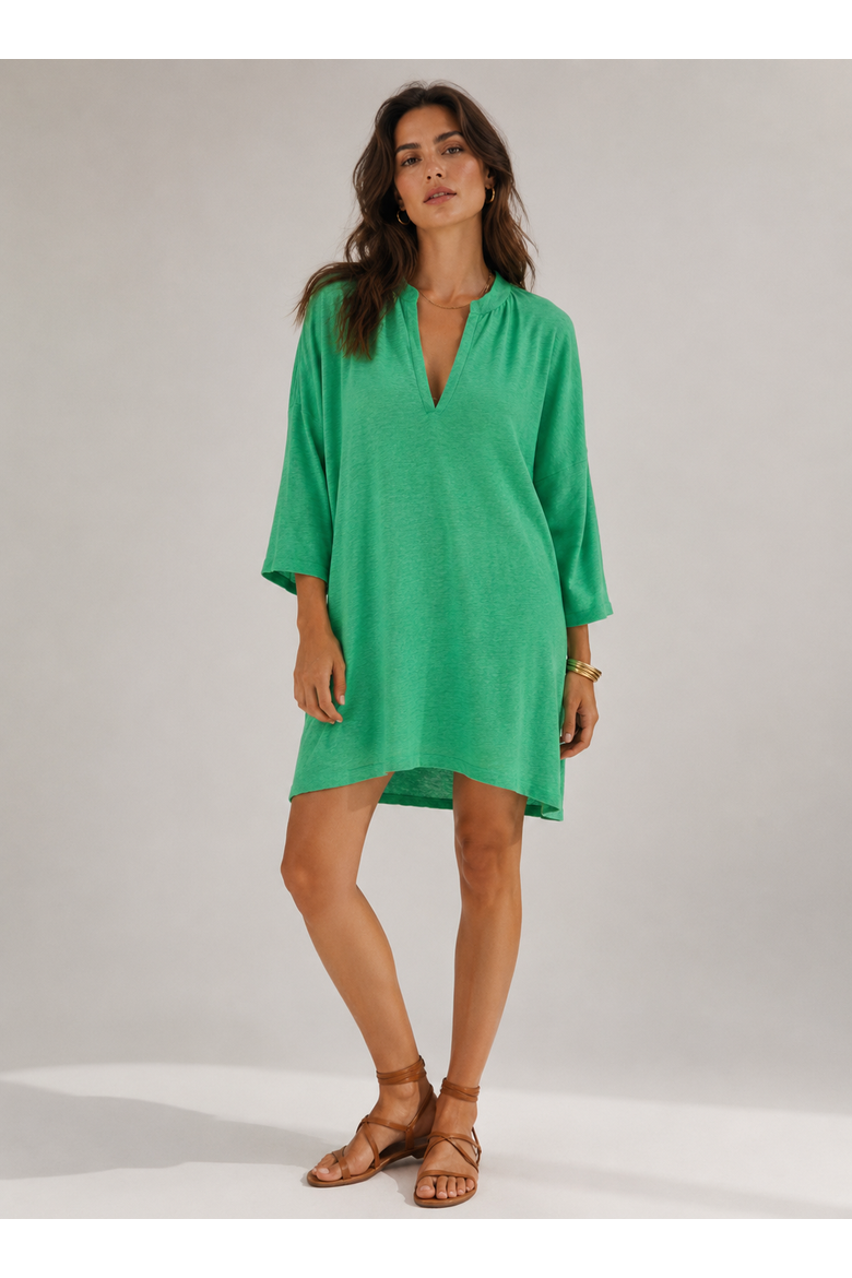 Stretch Linen 3/4 Sleeve Tunic Dress, Main, color, APPLE GREEN