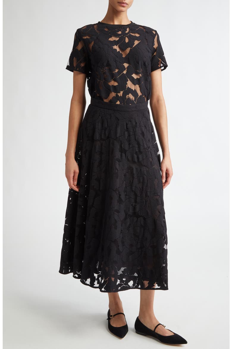Zitto Floral Lace Midi Skirt, Alternate, color, BLACK