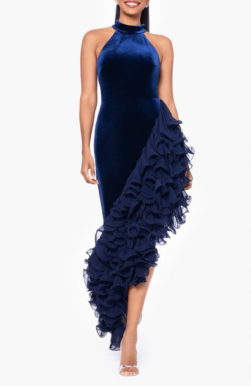 Betsy & Adam Velvet & Chiffon Ruffle High-Low Gown in Navy 