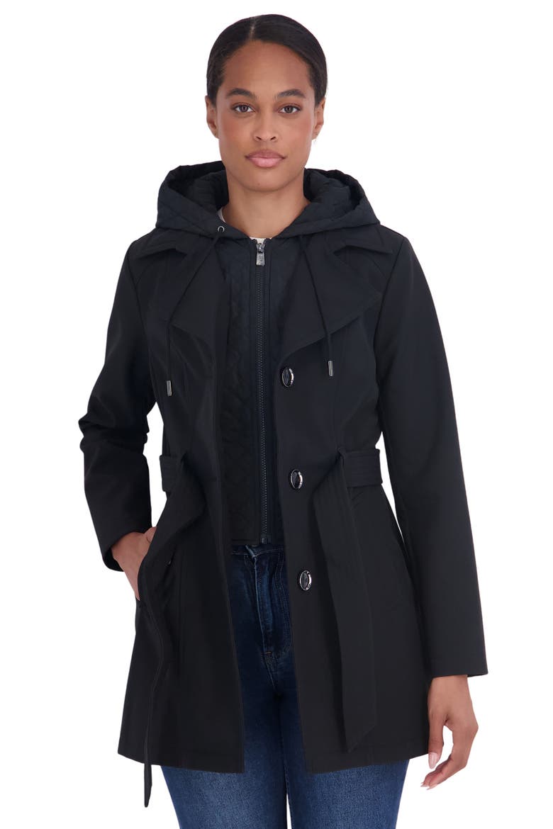 Softshell Trench Coat with Hooded Bib, Alternate, color, BLACK