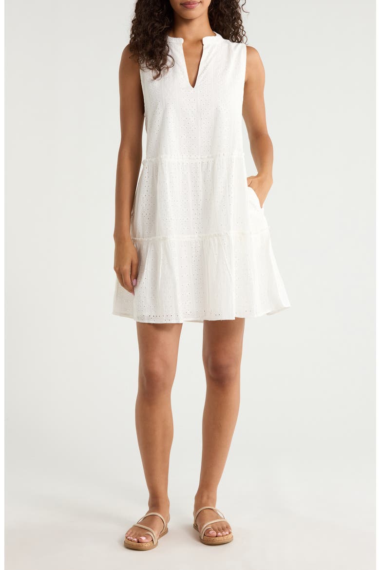 Eyelet Tiered Sleeveless Cover-Up Minidress, Main, color, WHITE
